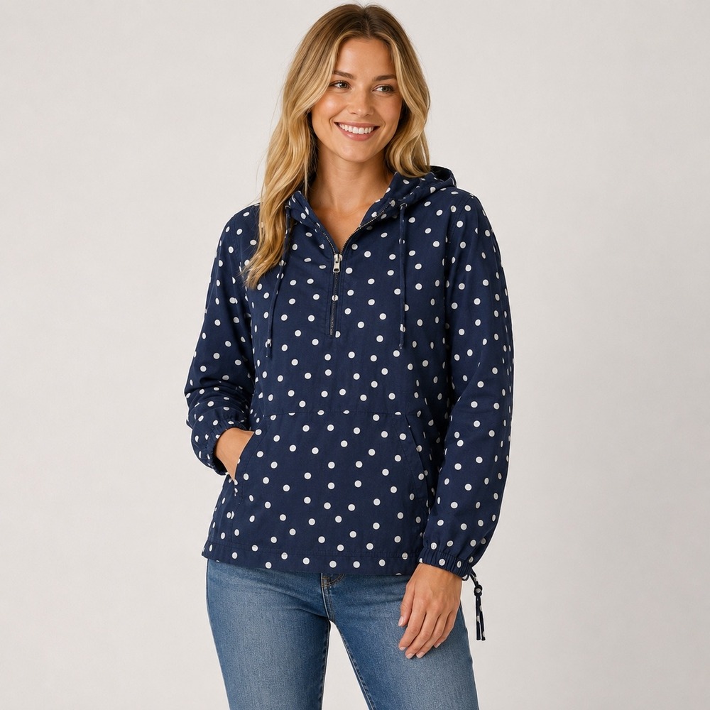 St Johns Bay Womens Navy Blue Polka‎ Dot Cotton Anorak Hooded Pullover Jacket M